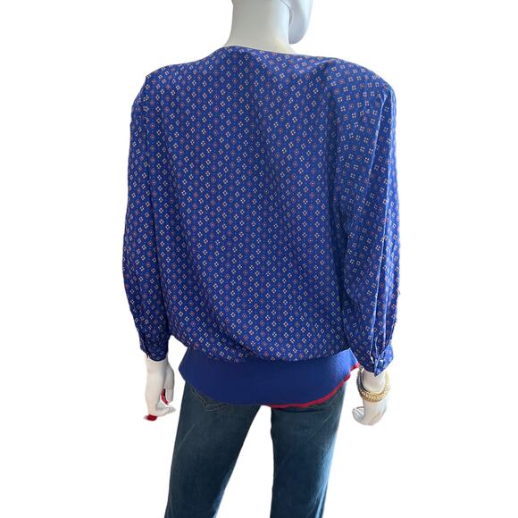 Vintage 80s Lindsey Blake Cobalt Blue Asymmetrical Button Blouson Top, 16 - Picture 4 of 6